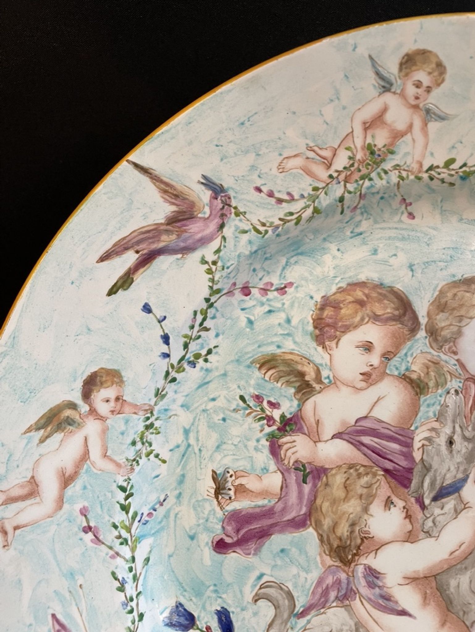 Round earthenware dish - hand decoration signed and marked