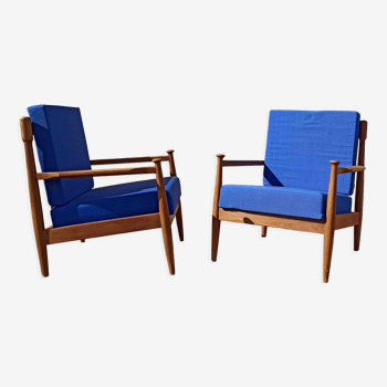 Pair of scandinavian armchairs in solid teak 50s