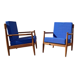 Pair of scandinavian armchairs in solid teak 50s