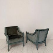 Pair Lounge Chairs in green velvet and lacquered wood, France, 1950