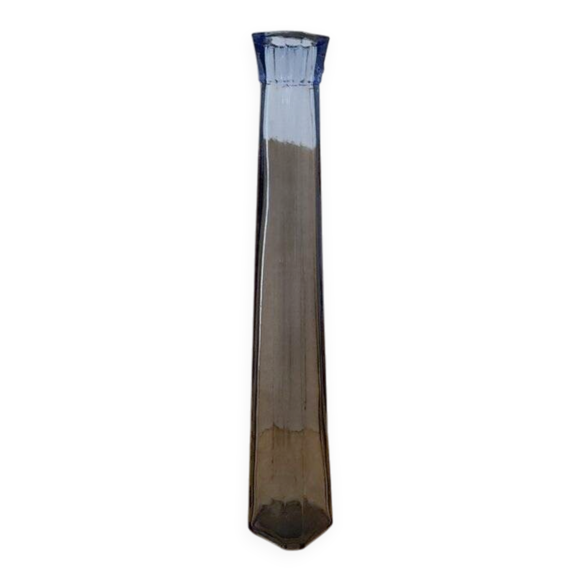 Translucent blue glass vase from the 1980s — tall prismatic silhouette, polygonal base.
