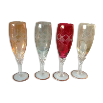 4 flutes à champagne en verre Murano venise decor geometrique art deco