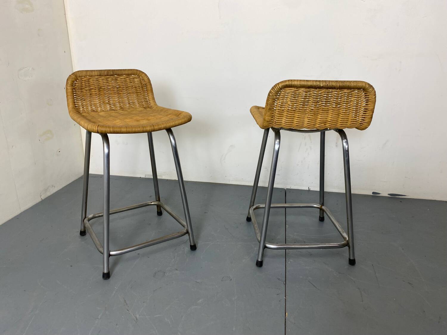 Tabourets Vintage en Acier et Rotin Dirk Van Sliedregt, 1960s, Set de 2
