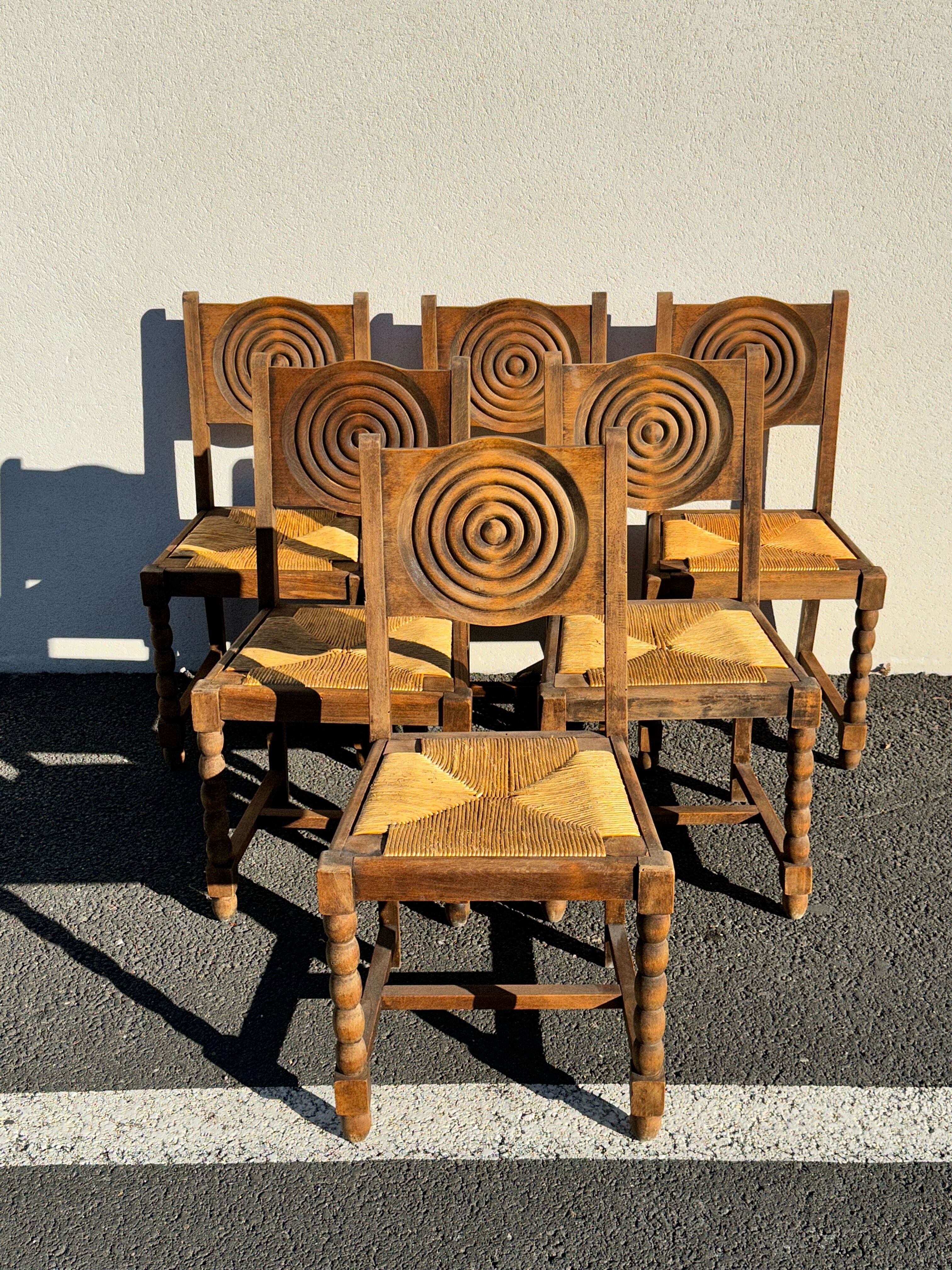 6 rustic style chairs, wood and straw, 1940