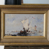 "Bateaux français sortant en mer" huile sur panneau, Bazil (XXe siècle)