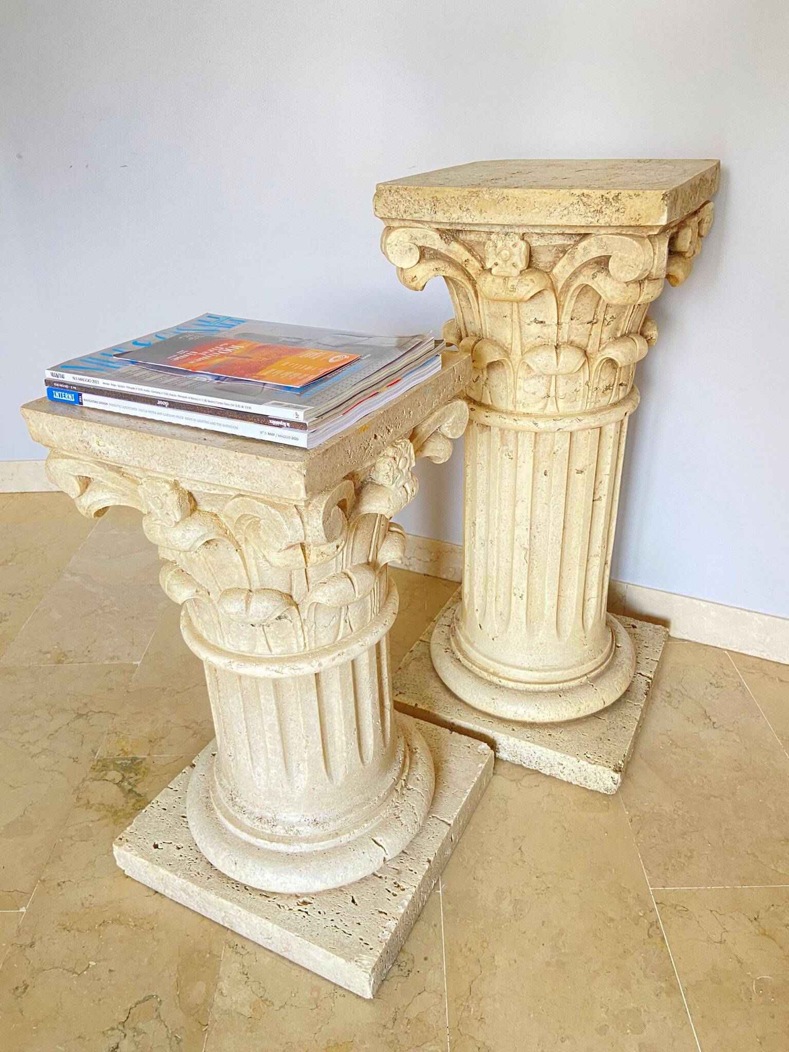 Pair of columns, corinthian style capitals in travertine, italy 1940s