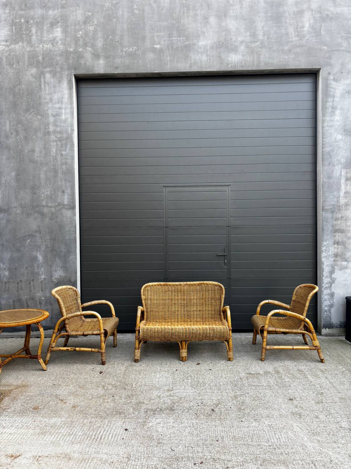 Vintage rattan garden furniture – complete set with sofa and armchairs.