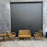 Vintage rattan garden furniture – complete set with sofa and armchairs.