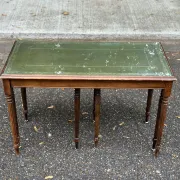 2 side tables, English Regency style, green leather & glass, 1960s.