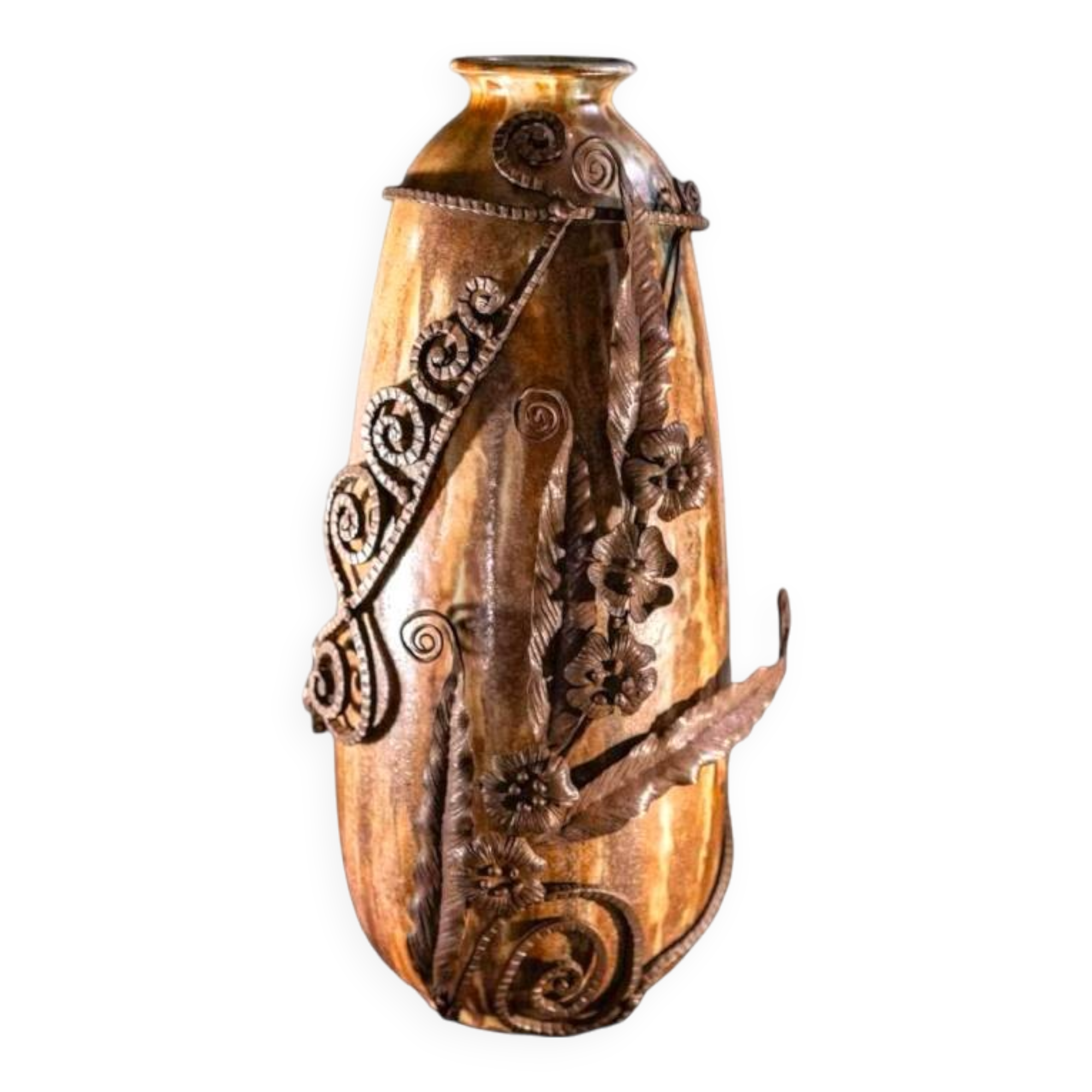 stoneware shell vase, wrought iron frame, roger guerin & francois carion, bouffioulx ca 1920