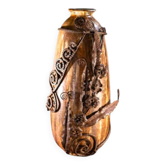 vase obus en grès, monture fer forgé, roger guerin & francois carion, bouffioulx ca 1920