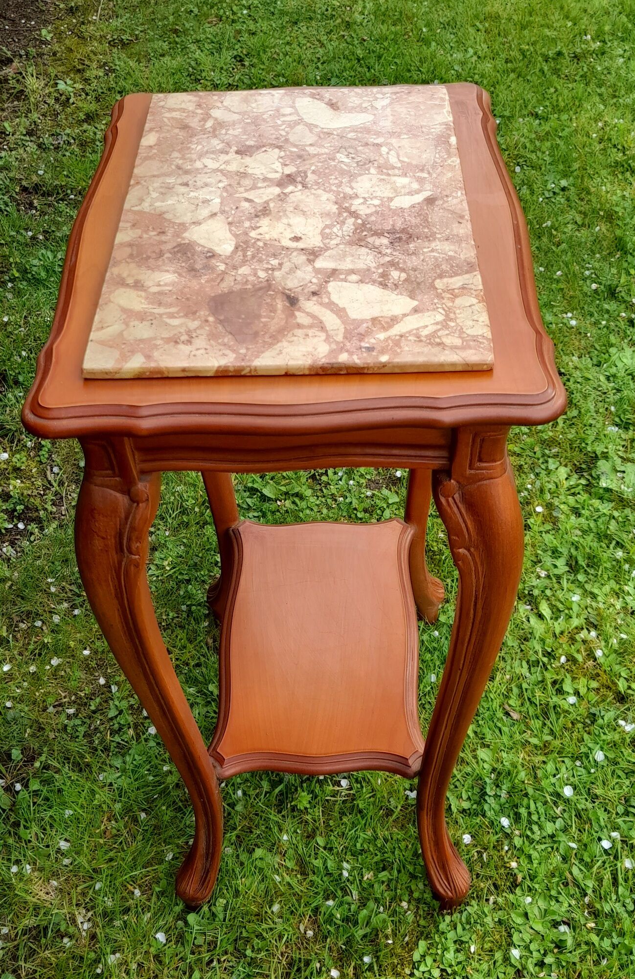 Louis XV style pedestal table/harness in solid cherry topped with marble