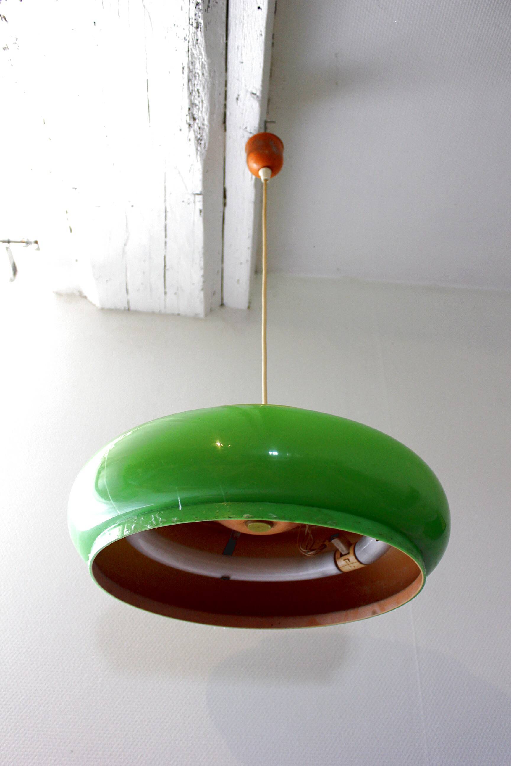 Vintage space age green saucer pendant light from the 1970s