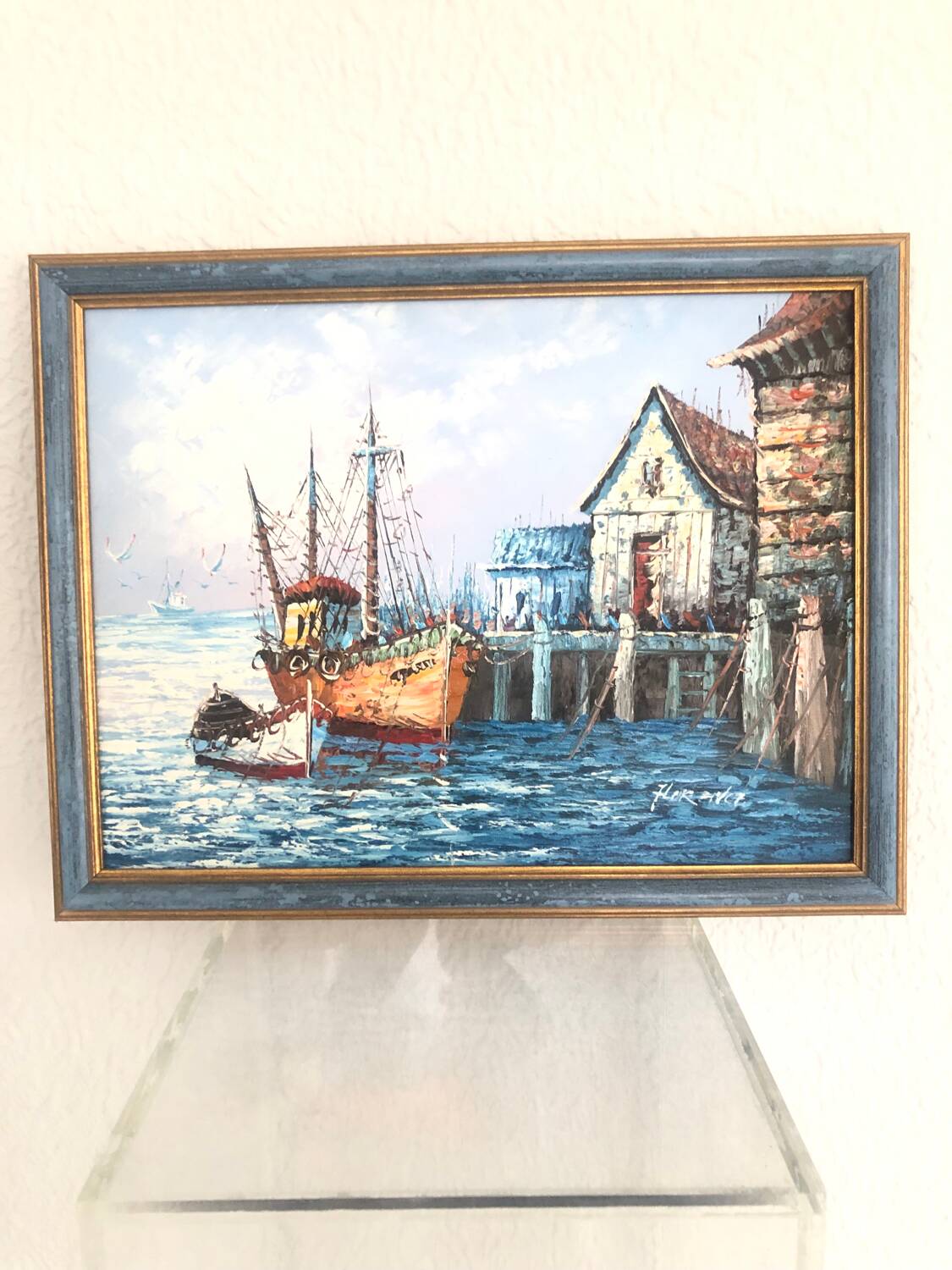 Oil painting on canvas Marine, Boat at the quay signed Florence
