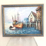 Tableau Huile sur toile Marine, Bâteau à quai signé Florence
