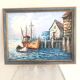 Oil painting on canvas Marine, Boat at the quay signed Florence