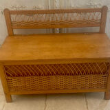 Wooden and rattan toy chest bench