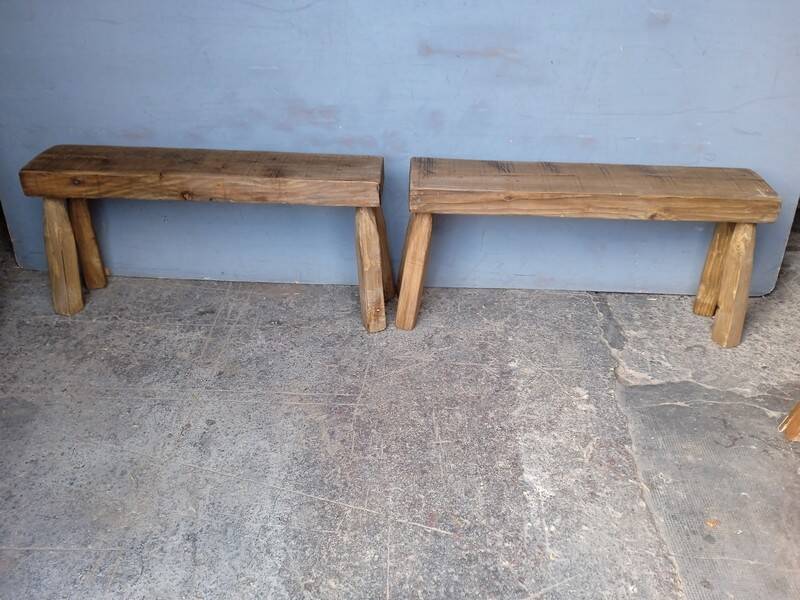 Pair of 2 patinated solid wood benches / stools