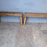 Pair of 2 patinated solid wood benches / stools