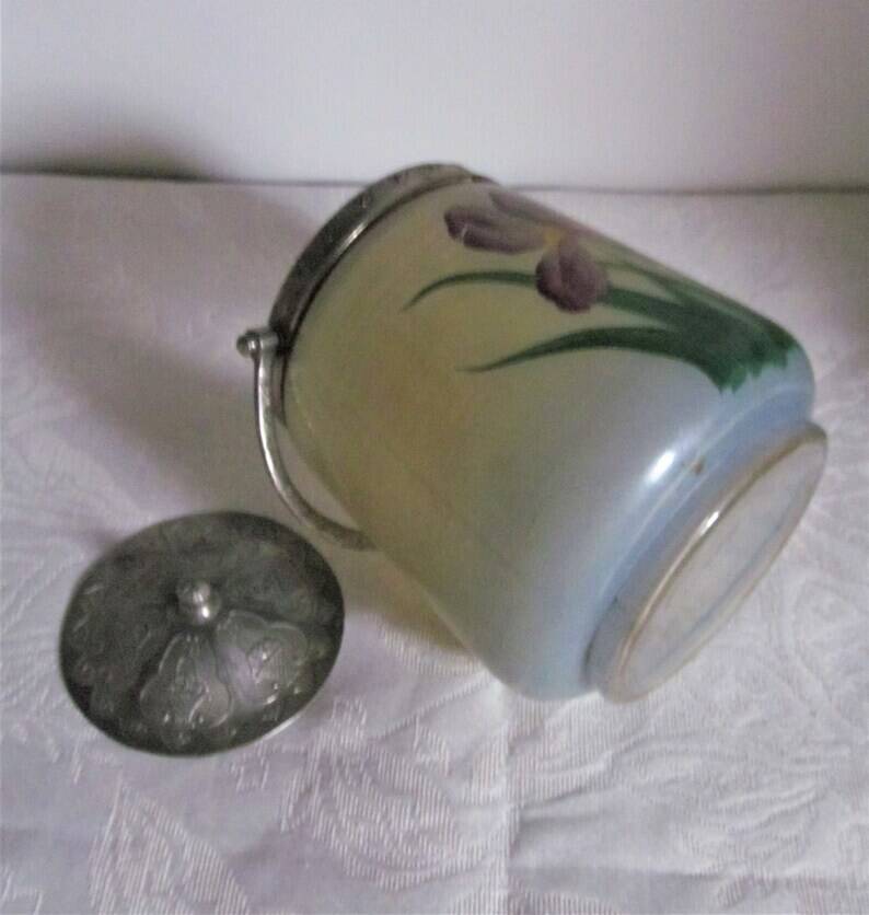Art Nouveau Opal Glass Biscuit Jar: Hand-Painted Iris, French Candy Jar