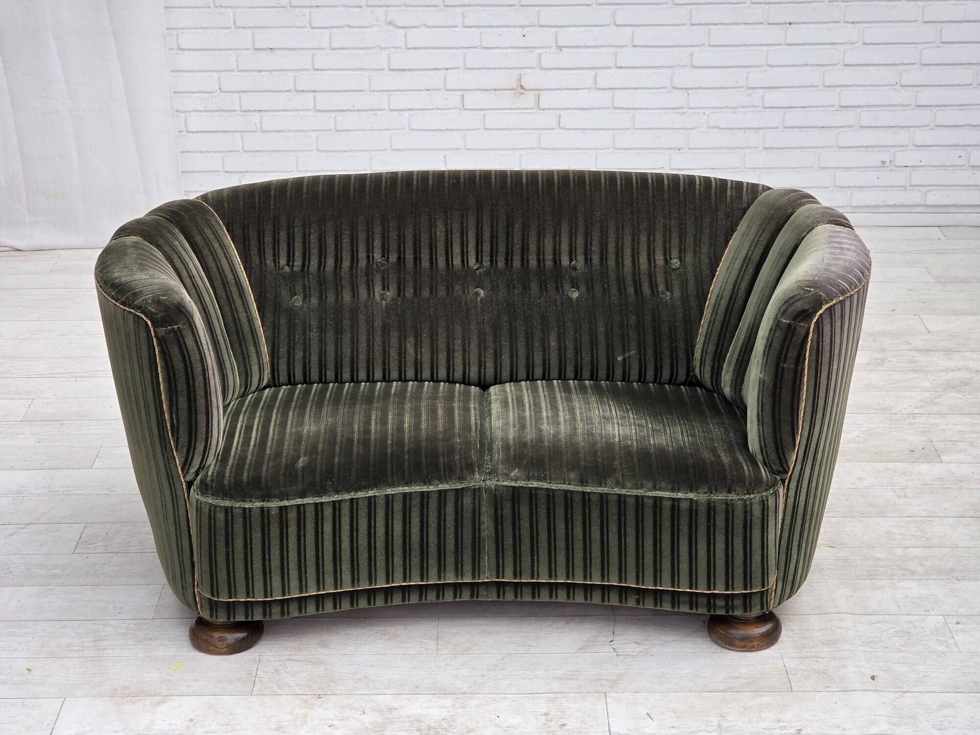 1960s, Danish 2-seater curved sofa, furniture velour, oak wood.