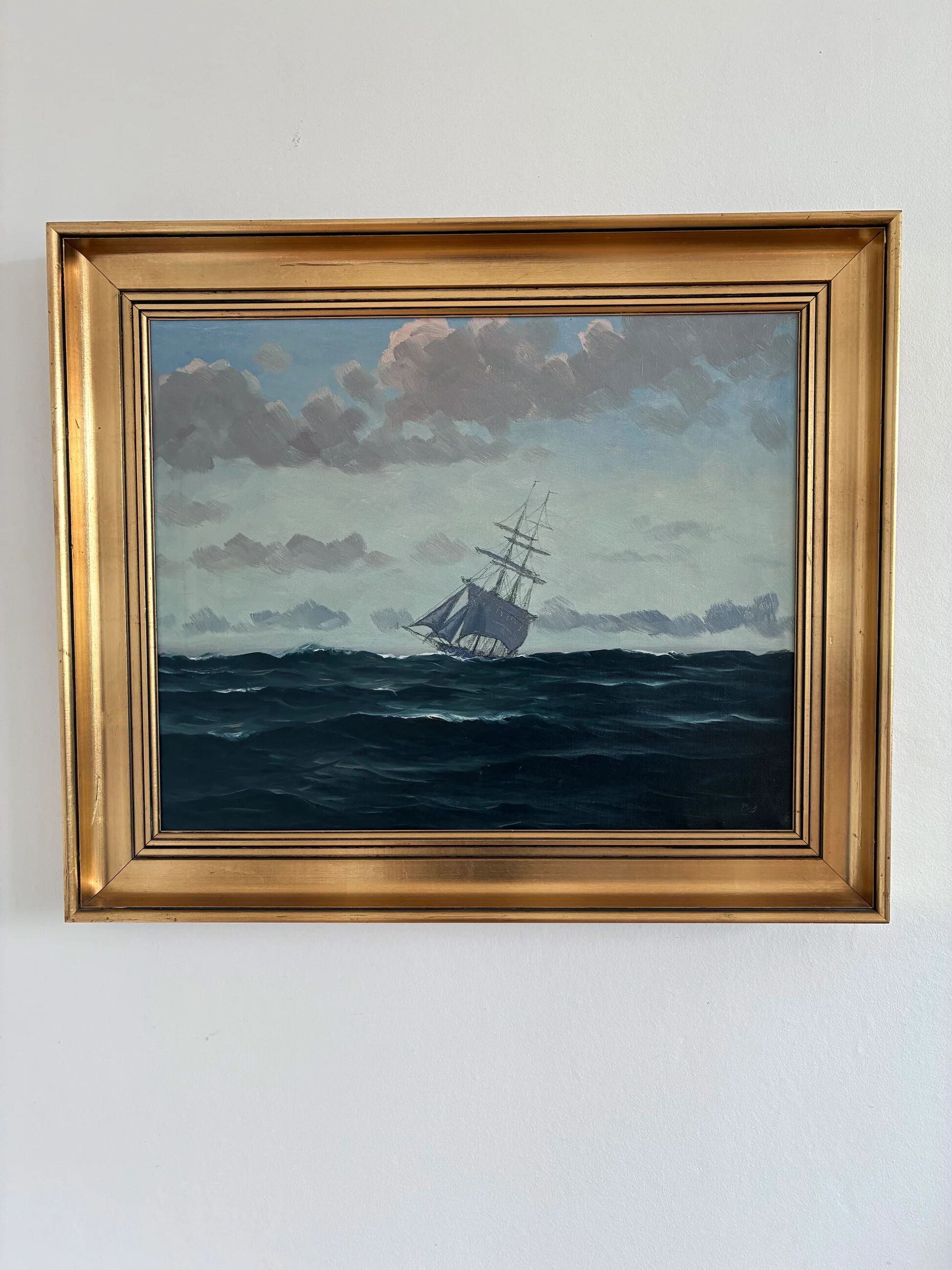 Vintage original seascape oil painting, signed sailing ship art