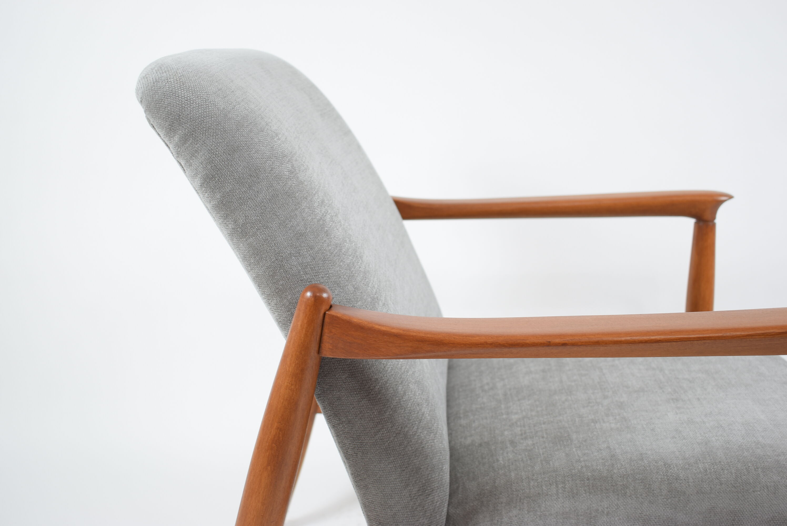 Original restored vintage armchair, designer E. Homma, grey fabric