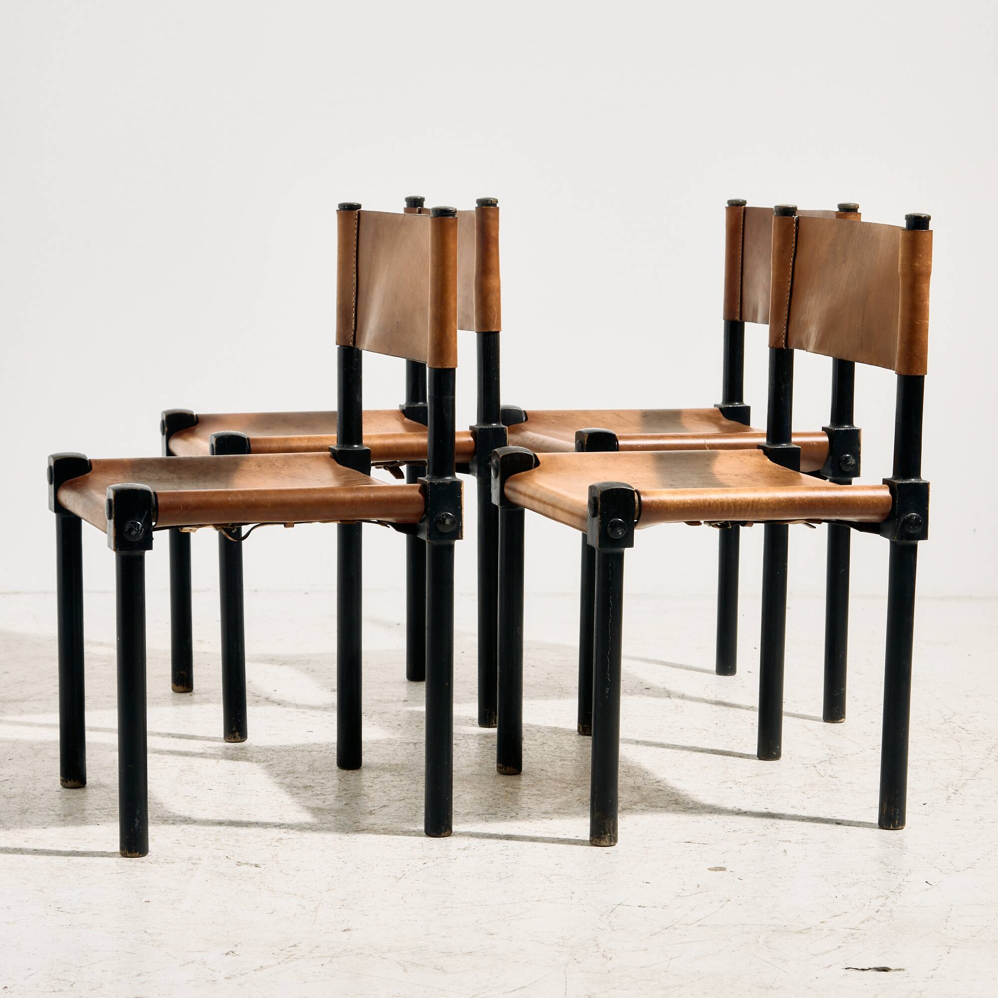 Brutalist beech and leather chair, set of 4