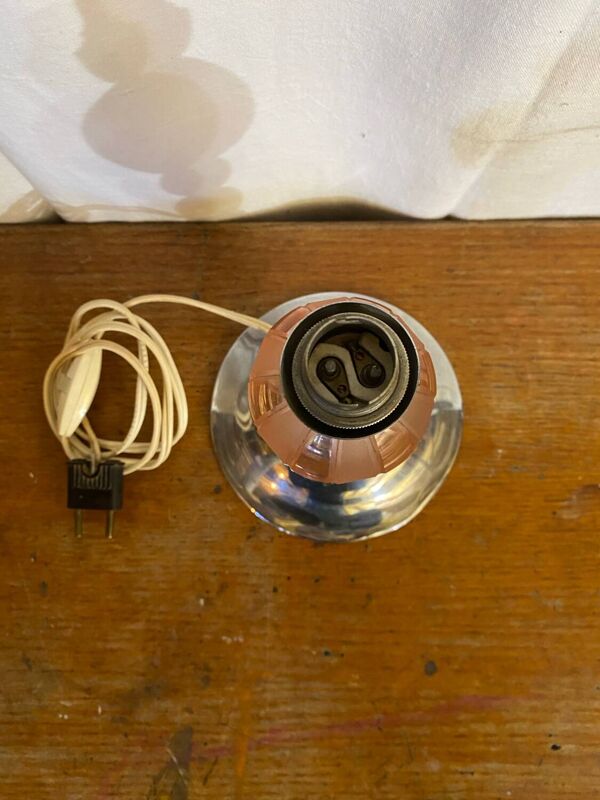 Pied de Lampe Ancien Boule Verre Rose & Transparent Pied Chromé Vintag