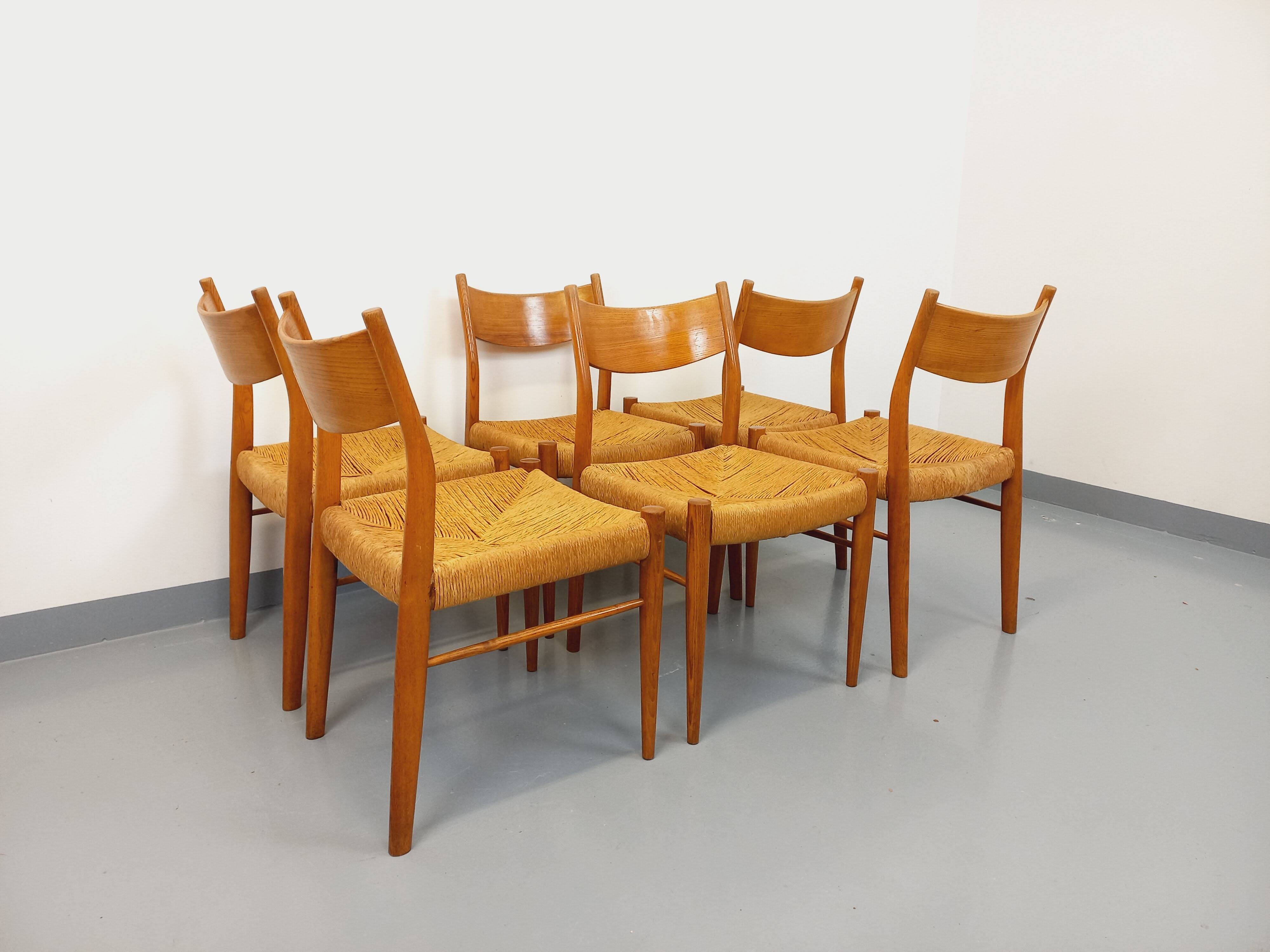 Set of 6 vintage teak Danish rope chairs Gessef Consorzio Sedie Friuli