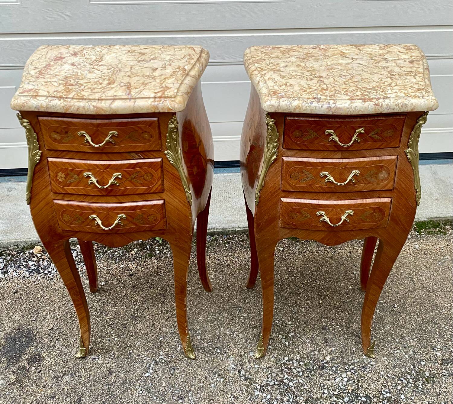Pair of Louis XV style bedside tables with rosewood marquetry