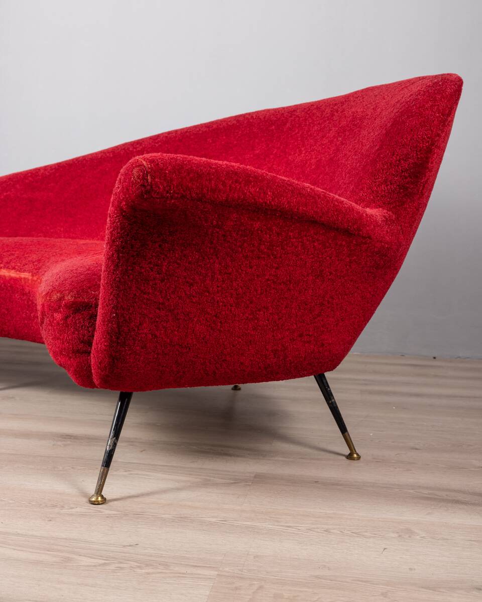 Large 1950s vintage curved sofa in red velvet italian design