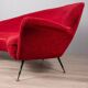 Large 1950s vintage curved sofa in red velvet italian design