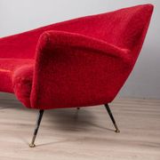 Large 1950s vintage curved sofa in red velvet italian design