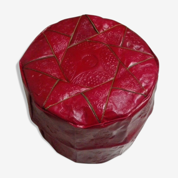 Red Moroccan pouf in real leather, Ottoman in blue leather, foot rest in real leather