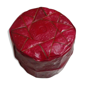 Pouf marocain rouge en vrai cuir , ottoman en cuir bleu, repose  pied en vrai cuir