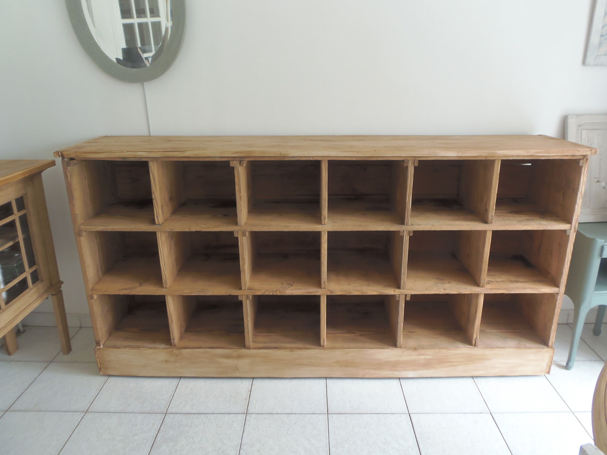 Vintage craft furniture on pitchpin wheels, 18 lockers.