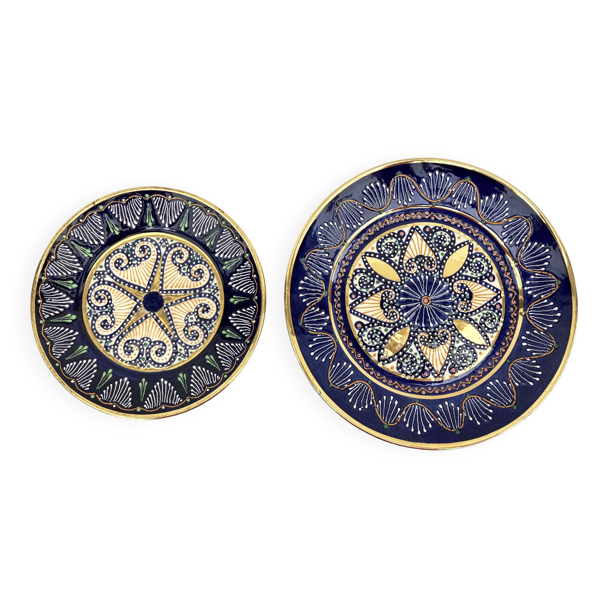 2 enamelled earthenware plates signed HB Quimper • Embroidery or beaded decoration by Pierre Poquet in relief