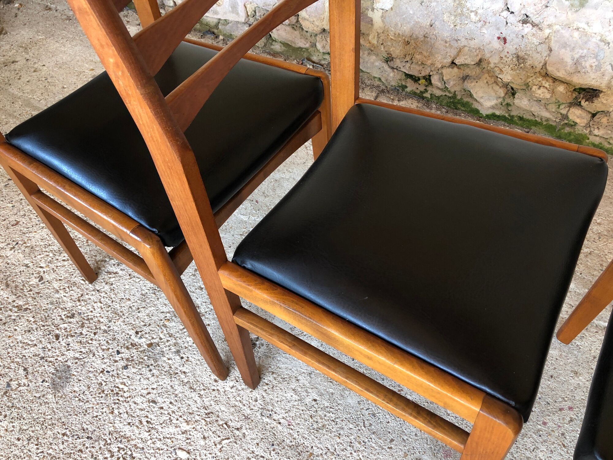Set of 4 scandinavian chairs in blond teak and black skai 60s