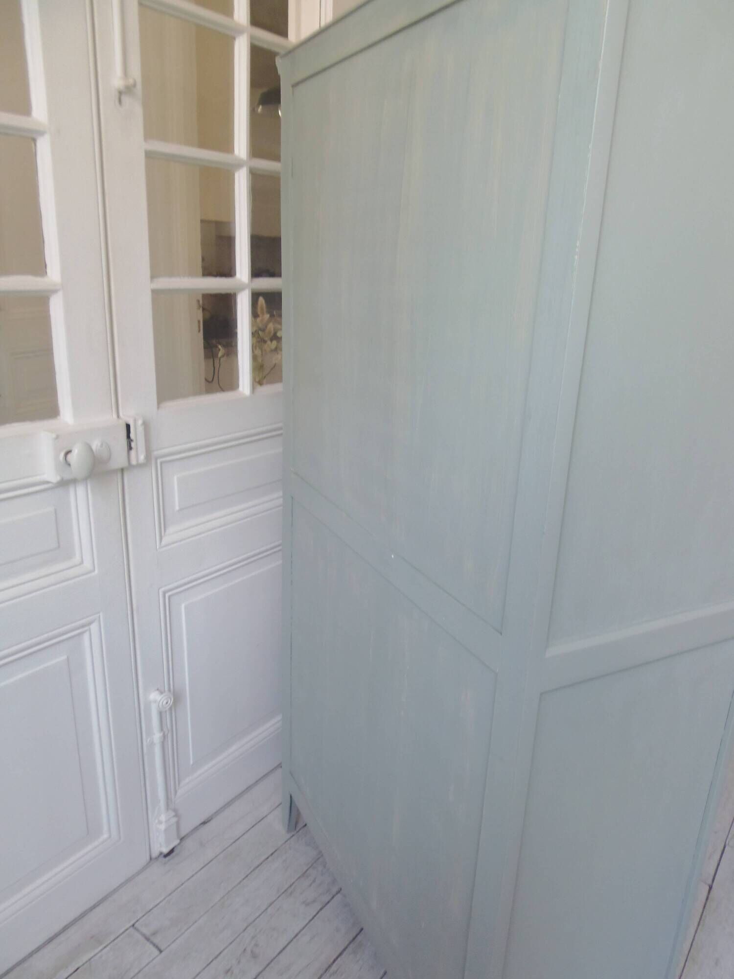 Wardrobe, dresser, vintage linen 2 doors green gray waxed finish.