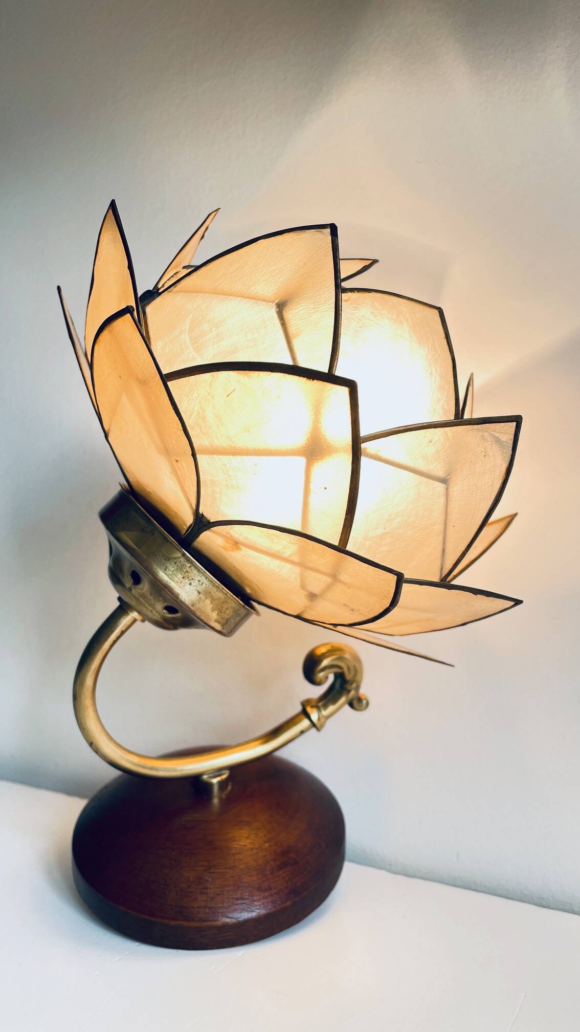 Vintage mother-of-pearl and brass flower wall lamp