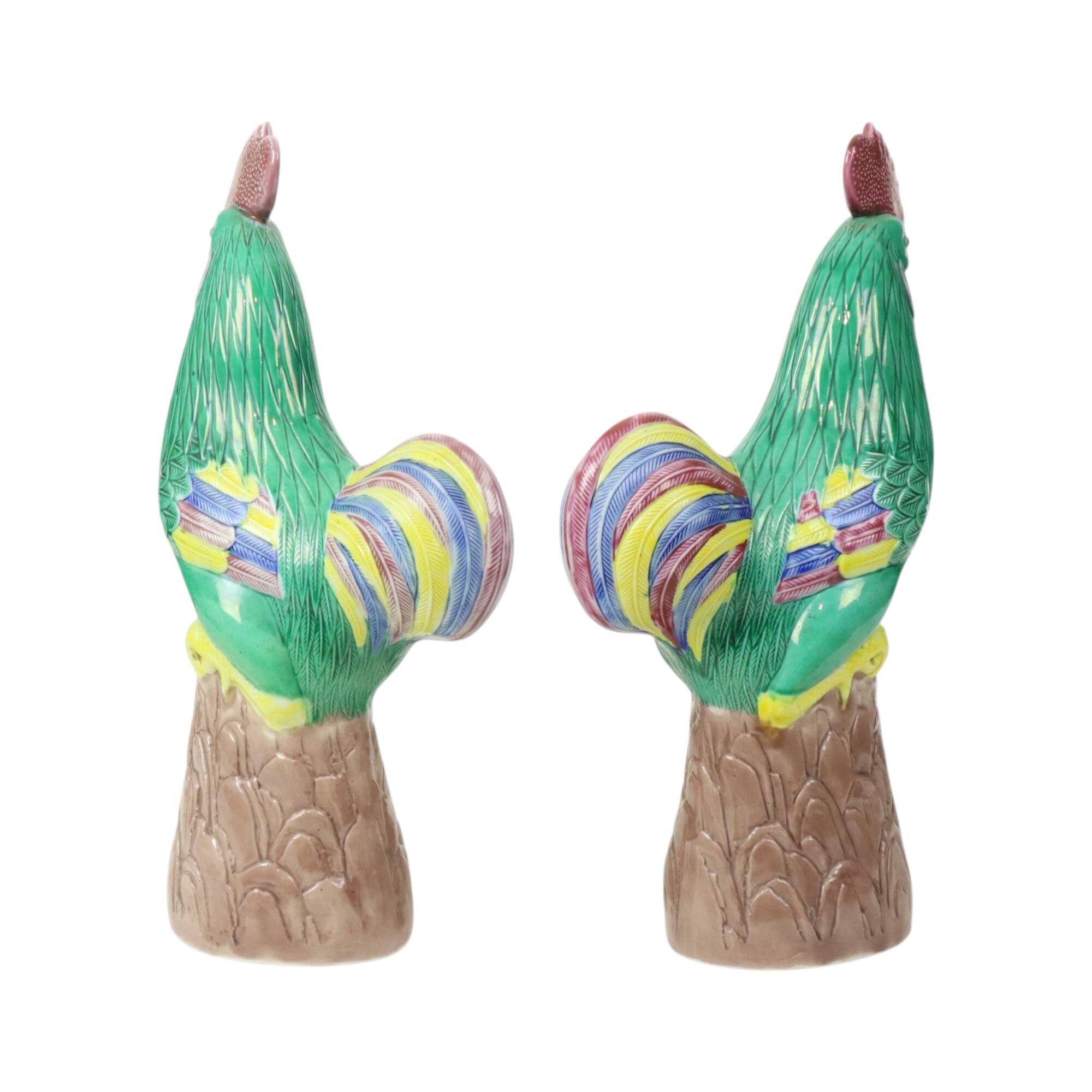 Pair of Glazed Polychrome Roosters Chinese Porcelain 34cm