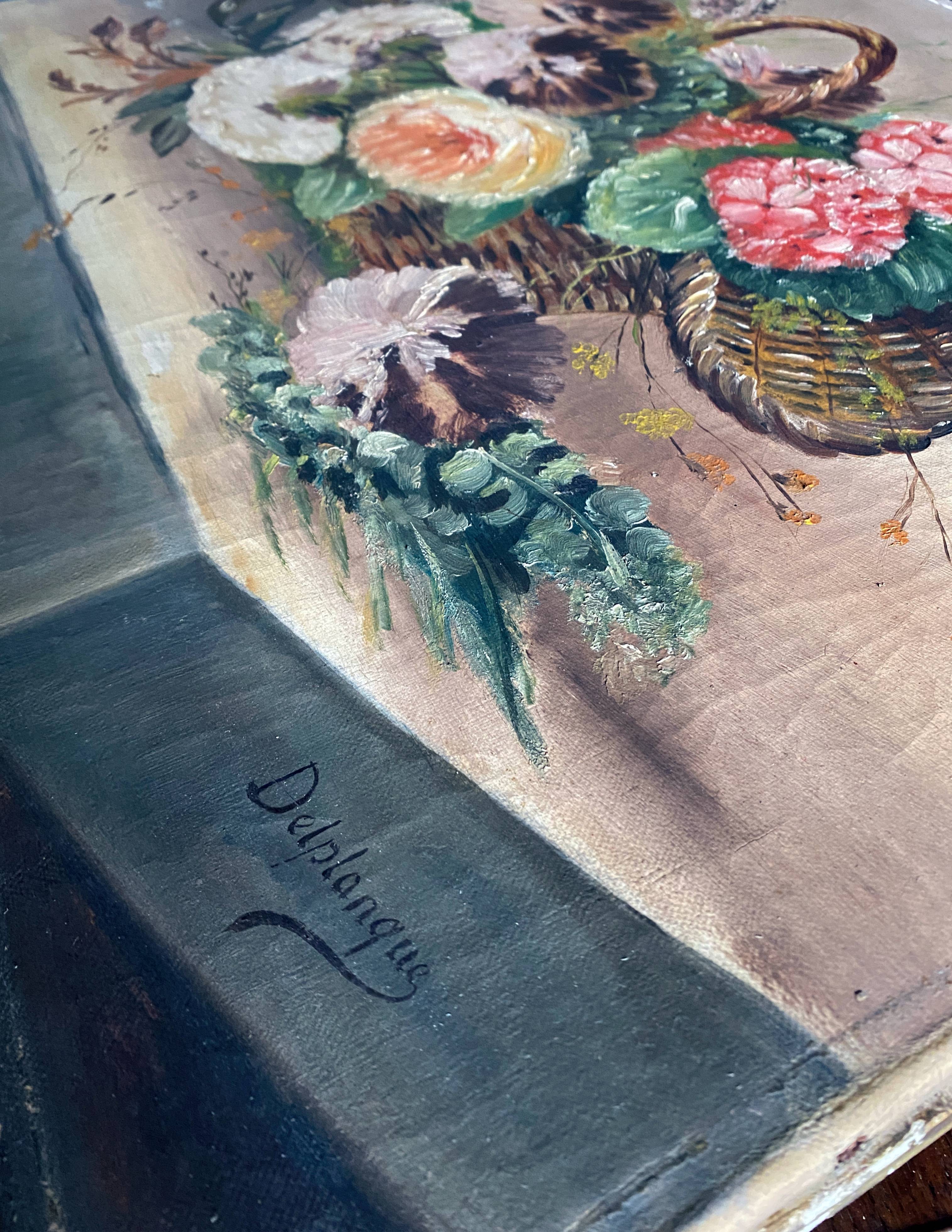 Tableau HST "Bouquet de fleurs des champs au panier" 1900 signé Delplanque
