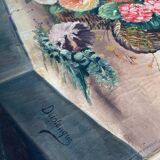 HST painting "Bouquet of wild flowers in basket" 1900 signed Delplanque