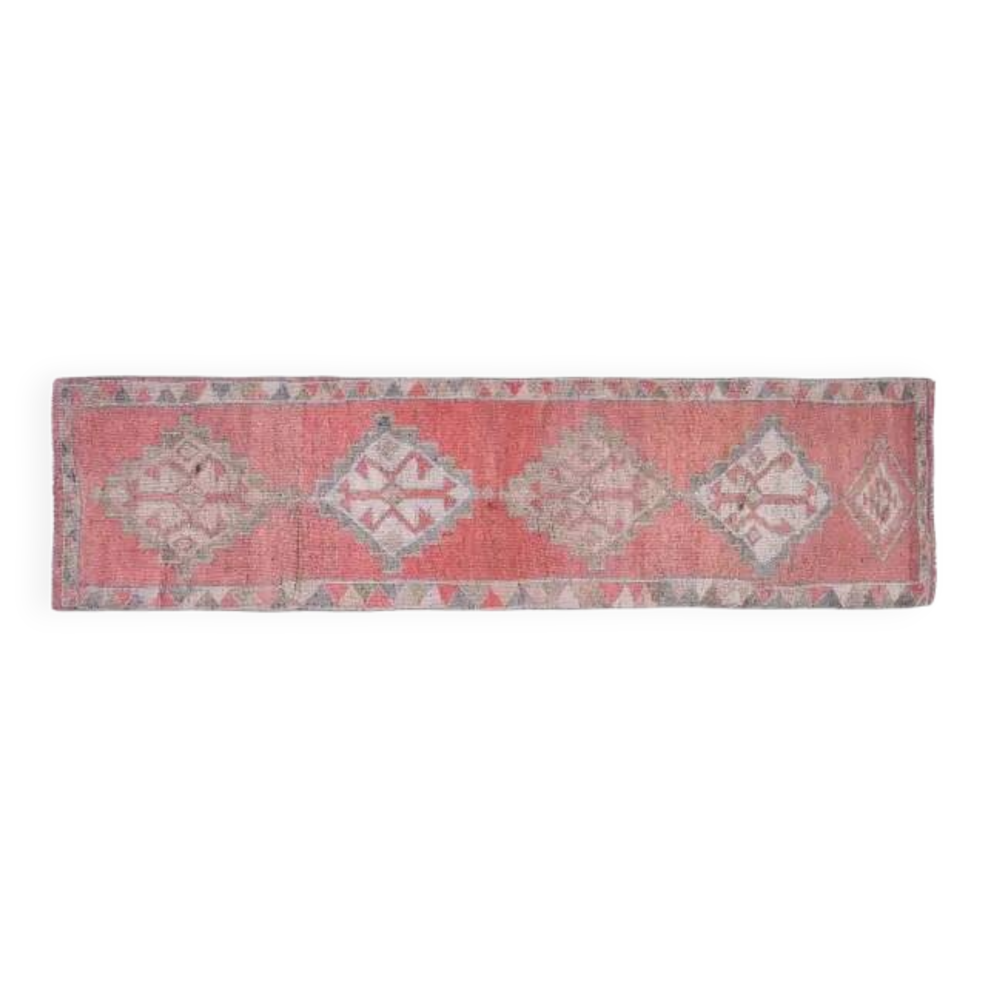 1970s Pink Turkish Handmade Wool Runner Rug, Geometric Motifs 85x328