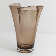 Vintage Murano glass vase from the 1980s, smoky brown, organically wavy shape.