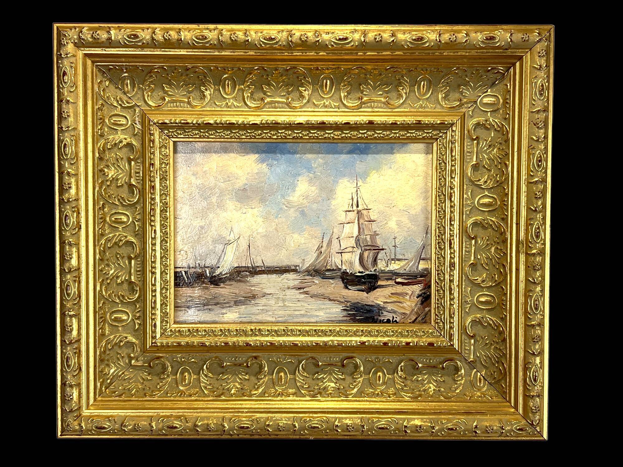 Painting / oil on canvas signed "f.nioli" (low tide) well framed