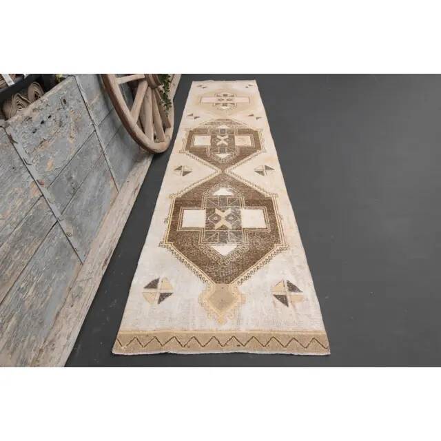 1970s Vintage Turkish Hand-Knotted Wool Cotton Beige Runner Rug 90x391