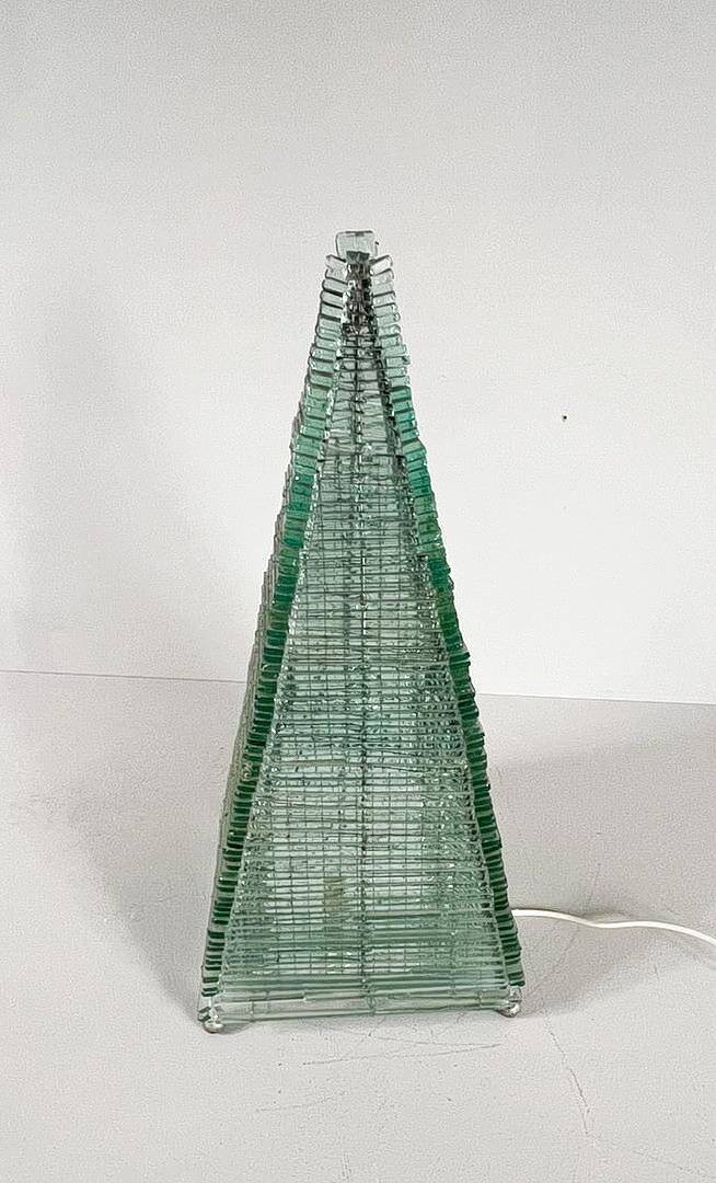 Sculptural pyramid table lamp, glass, France, 1970s.