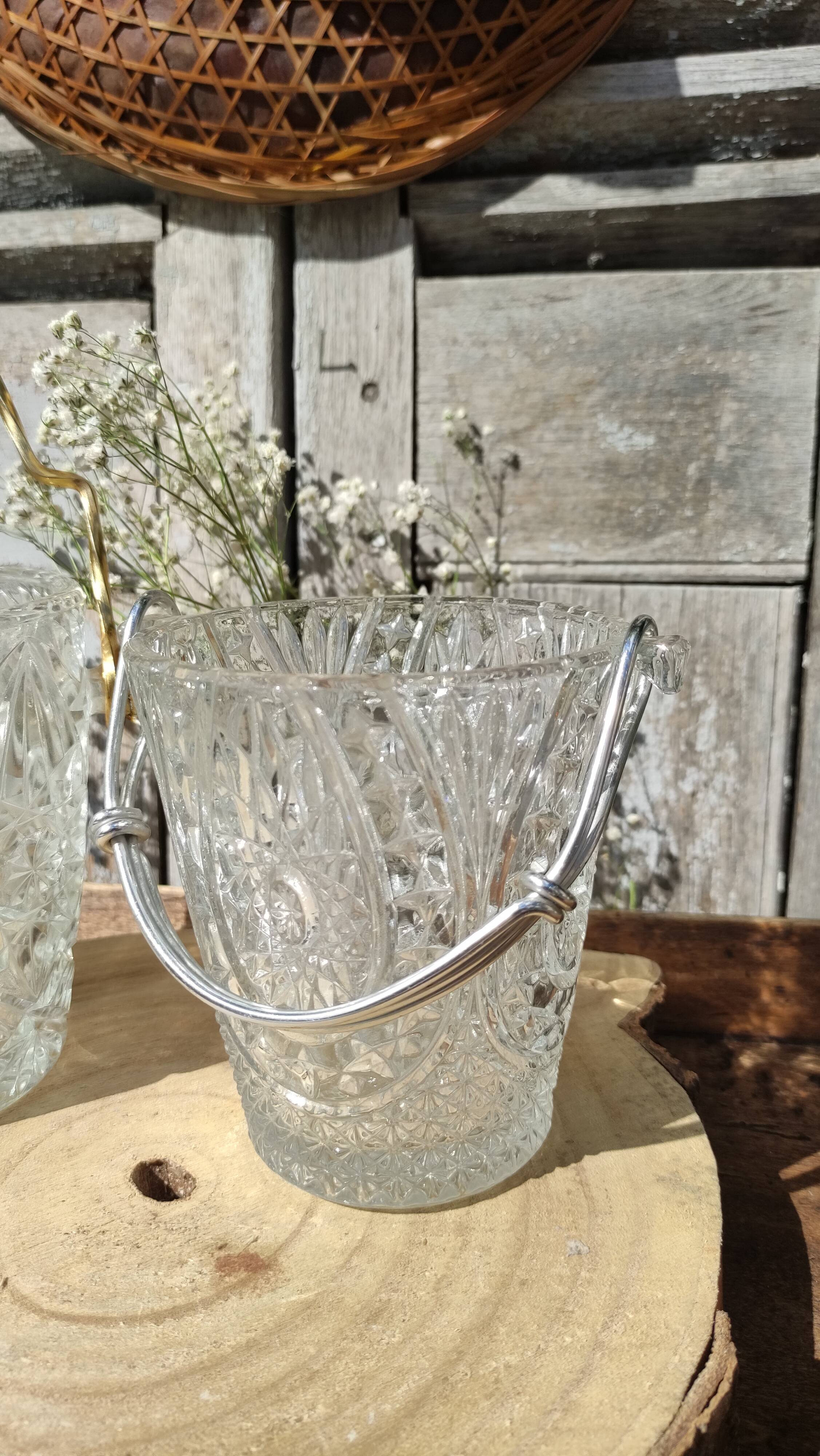 Seau à glace ou glaçons vintage en verre ciselé